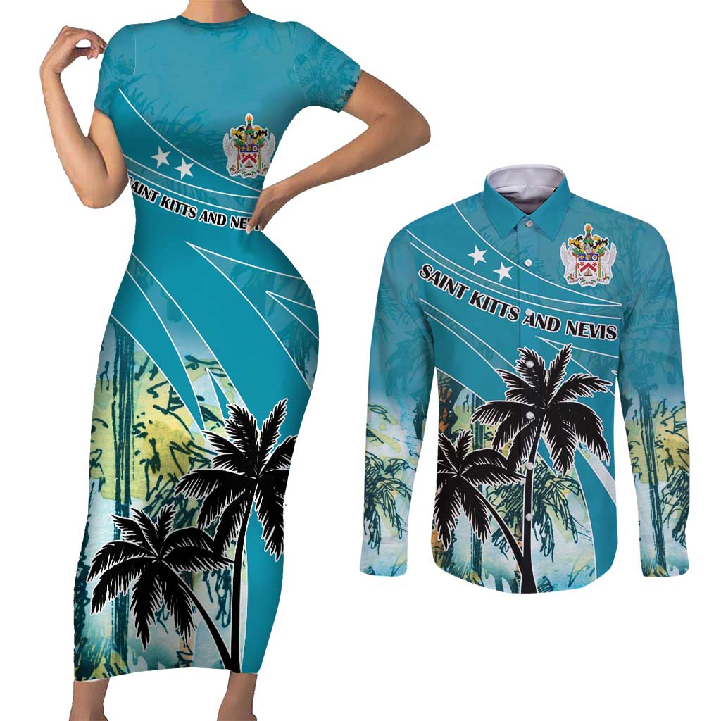 Personalized Saint Kitts and Nevis Coconut Palm Tree Couples Matching Short Sleeve Bodycon Dress and Long Sleeve Button Shirt - Wonder Print Shop