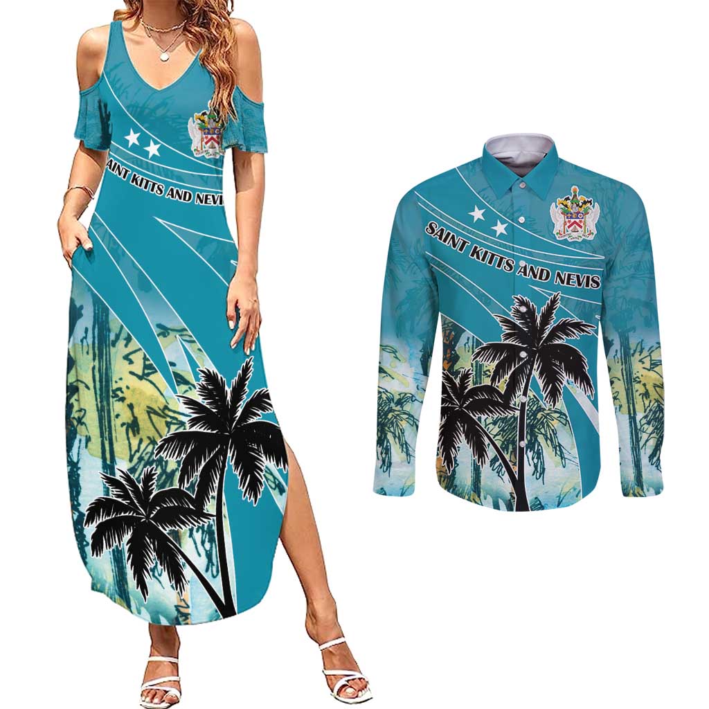 Personalized Saint Kitts and Nevis Coconut Palm Tree Couples Matching Summer Maxi Dress and Long Sleeve Button Shirt - Wonder Print Shop