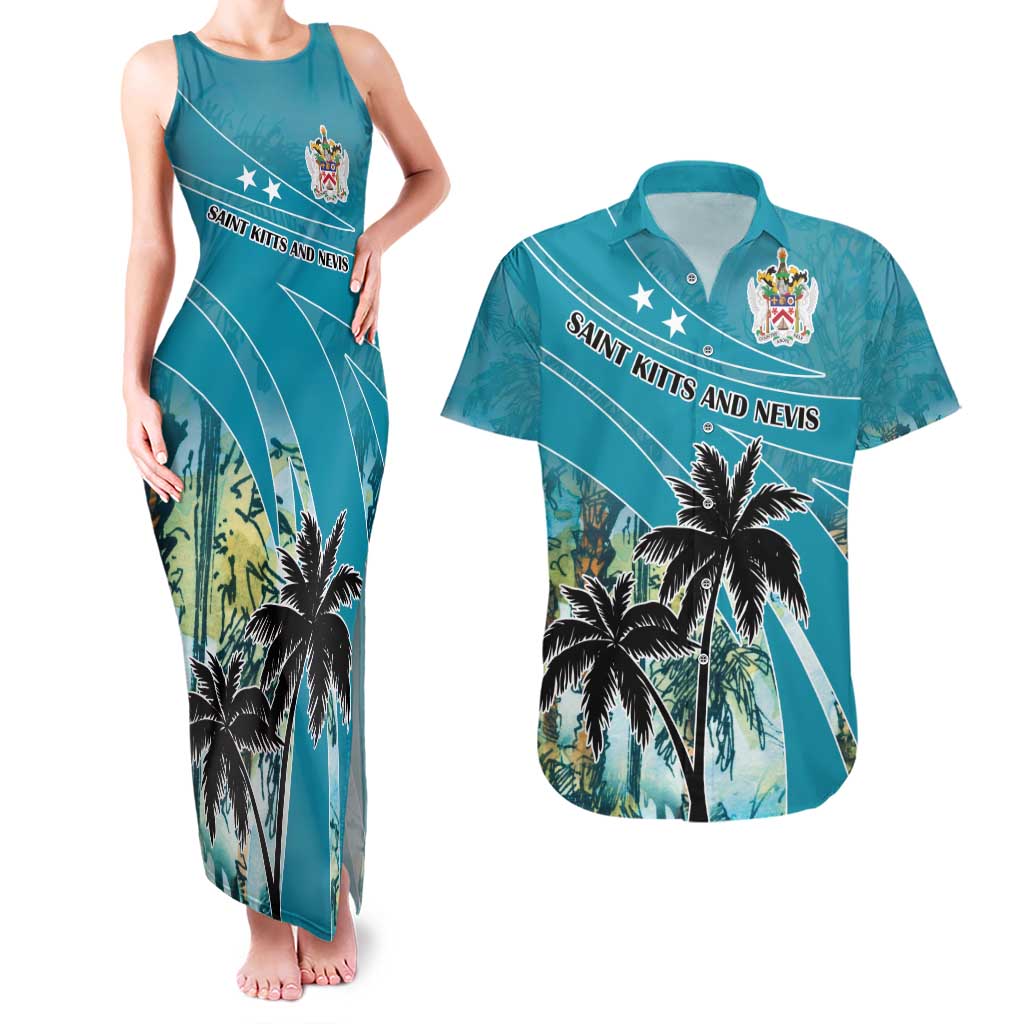 Personalized Saint Kitts and Nevis Coconut Palm Tree Couples Matching Tank Maxi Dress and Hawaiian Shirt - Wonder Print Shop