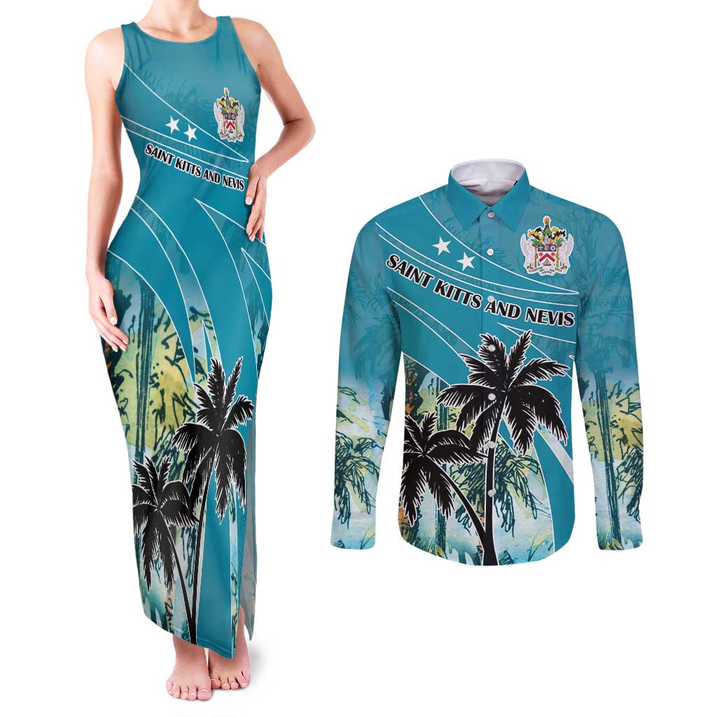 Personalized Saint Kitts and Nevis Coconut Palm Tree Couples Matching Tank Maxi Dress and Long Sleeve Button Shirt - Wonder Print Shop