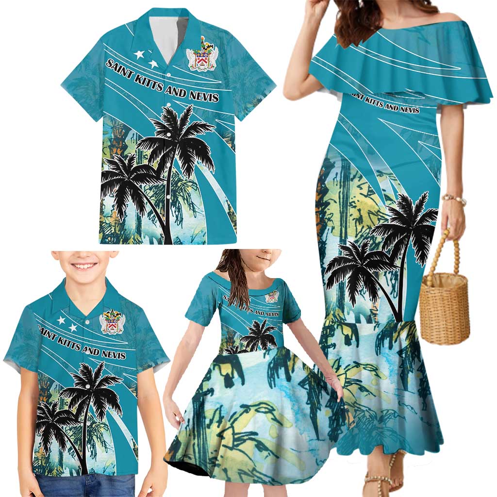 Personalized Saint Kitts and Nevis Coconut Palm Tree Family Matching Mermaid Dress and Hawaiian Shirt - Wonder Print Shop