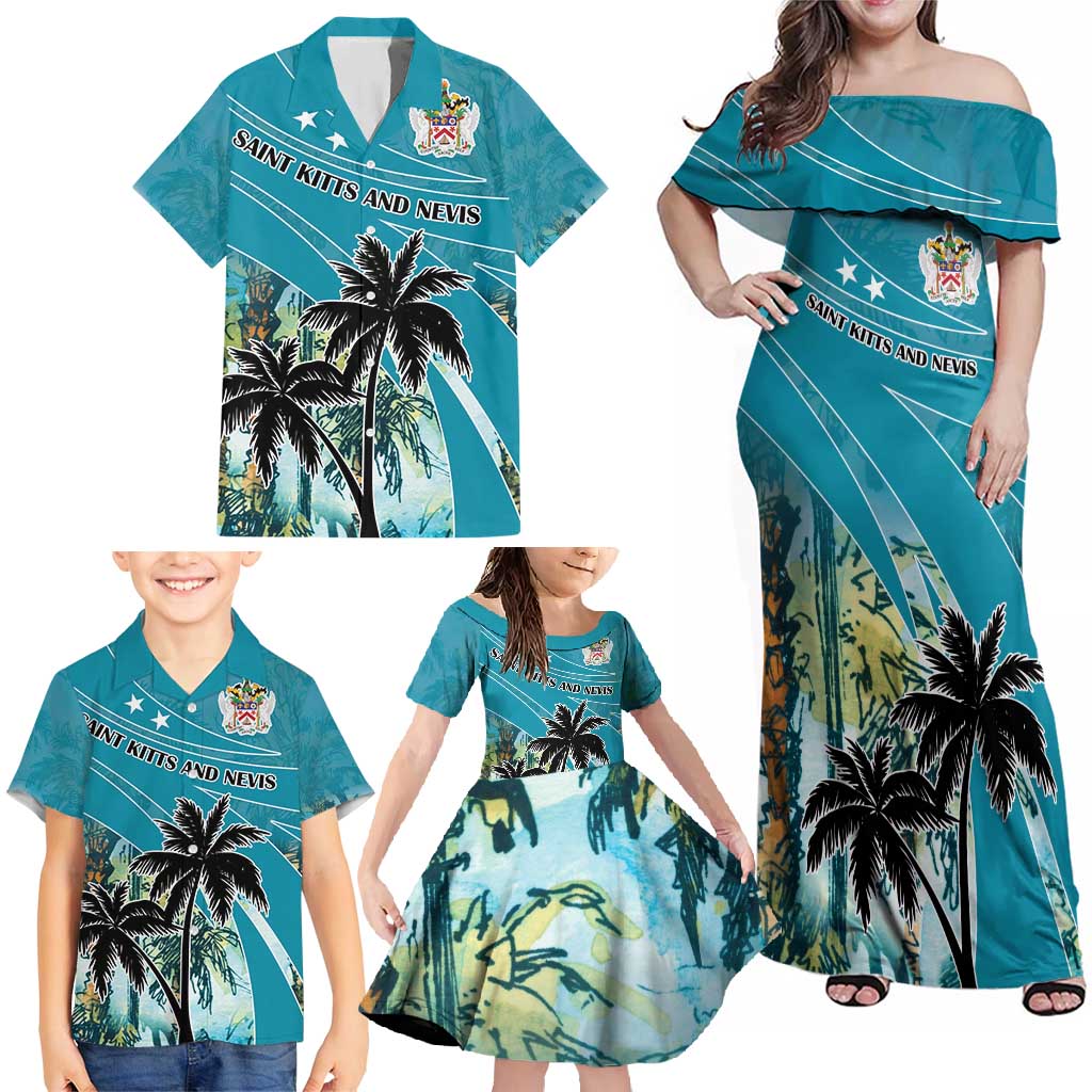 Personalized Saint Kitts and Nevis Coconut Palm Tree Family Matching Off Shoulder Maxi Dress and Hawaiian Shirt - Wonder Print Shop