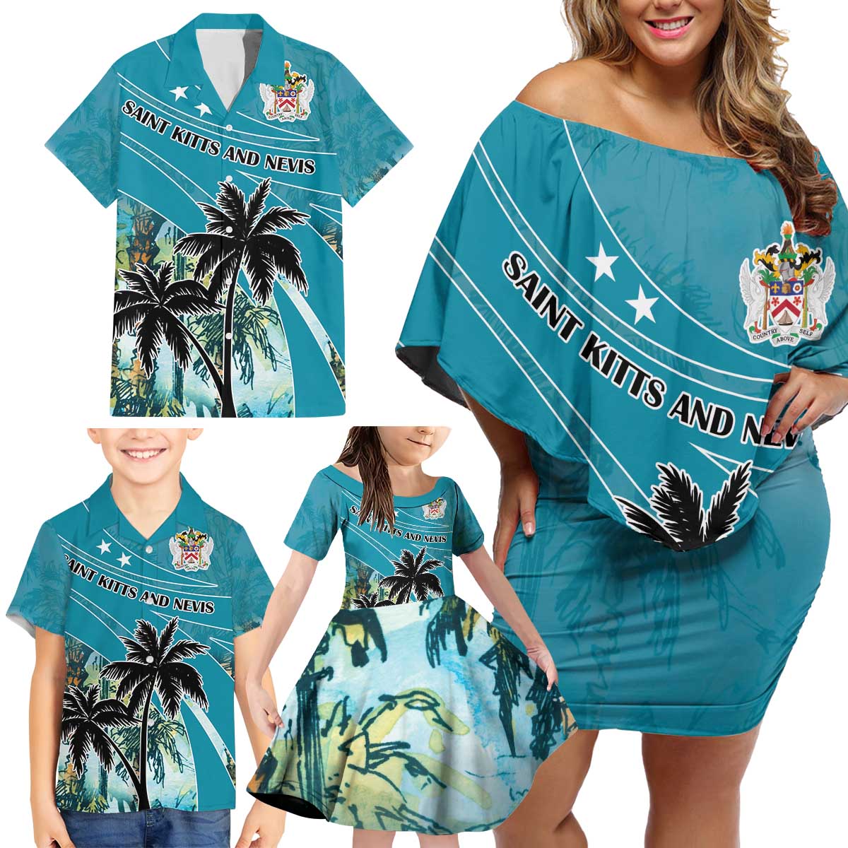 Personalized Saint Kitts and Nevis Coconut Palm Tree Family Matching Off Shoulder Short Dress and Hawaiian Shirt - Wonder Print Shop