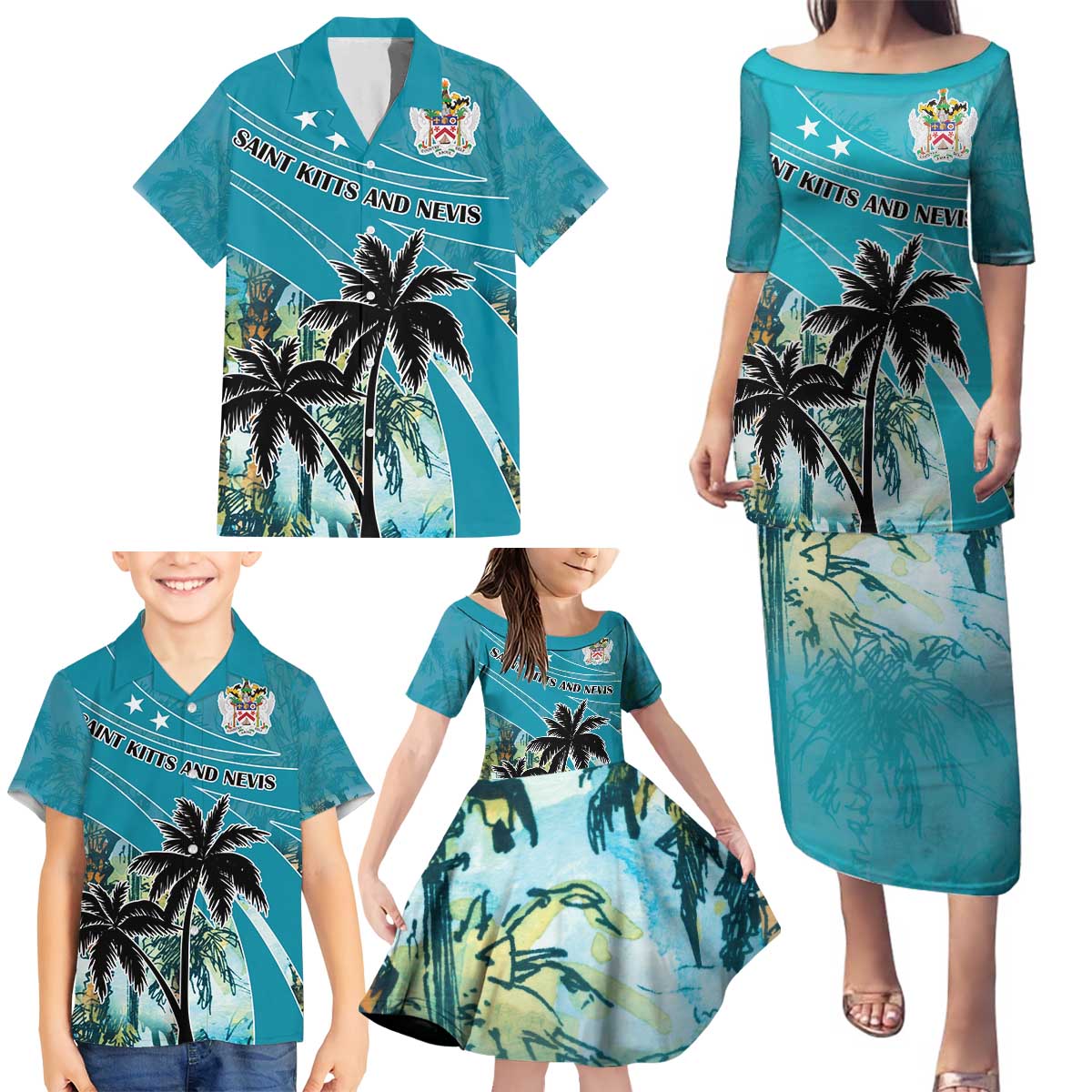 Personalized Saint Kitts and Nevis Coconut Palm Tree Family Matching Puletasi and Hawaiian Shirt - Wonder Print Shop