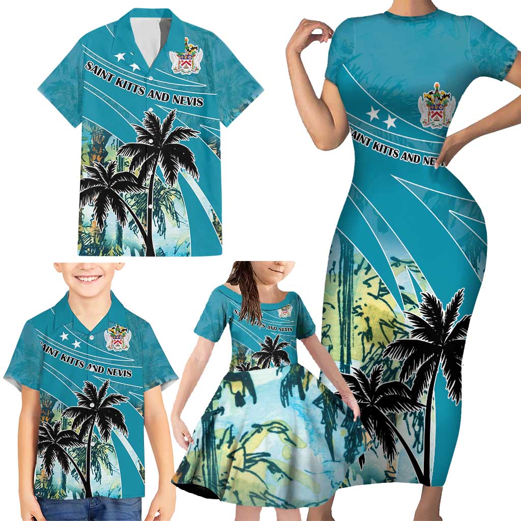 Personalized Saint Kitts and Nevis Coconut Palm Tree Family Matching Short Sleeve Bodycon Dress and Hawaiian Shirt - Wonder Print Shop