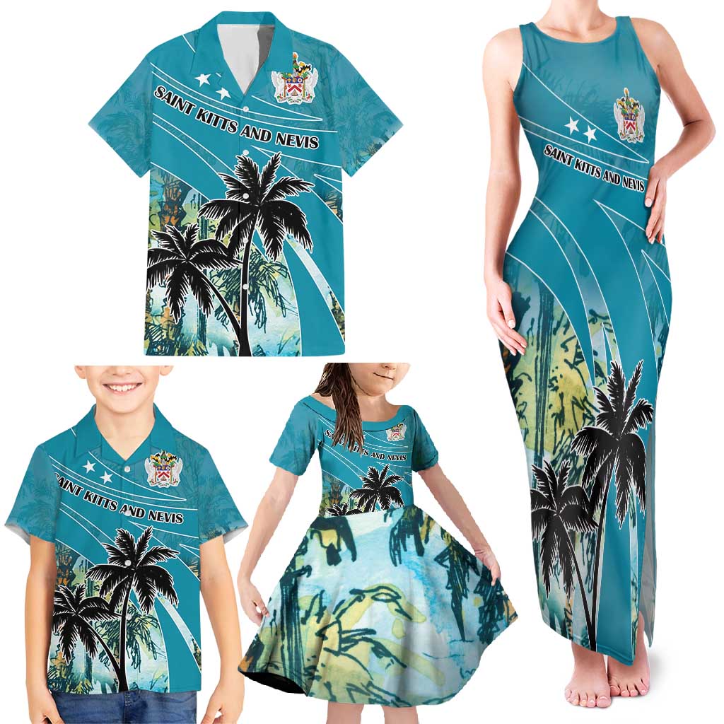 Personalized Saint Kitts and Nevis Coconut Palm Tree Family Matching Tank Maxi Dress and Hawaiian Shirt - Wonder Print Shop