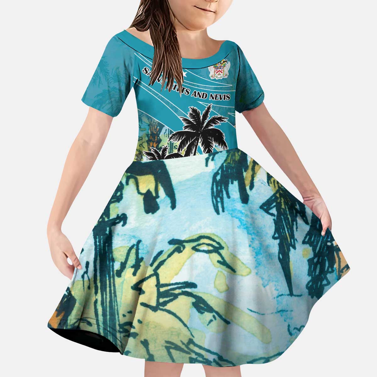 Personalized Saint Kitts and Nevis Coconut Palm Tree Kid Short Sleeve Dress - Wonder Print Shop