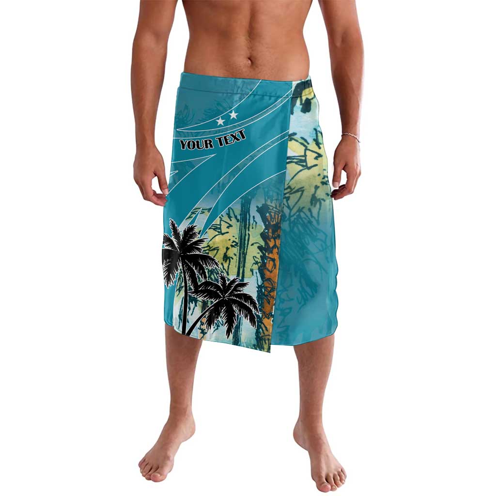Blue tropical palm tree lavalava with side graphic and "YOUR TEXT" banner