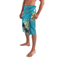 Blue tropical palm tree lavalava with waistband and centered "YOUR TEXT" print