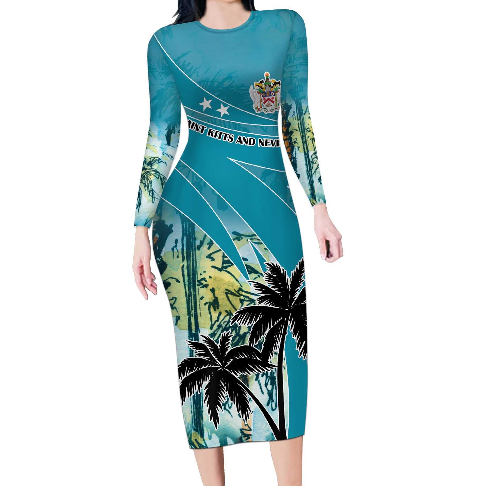 Personalized Saint Kitts and Nevis Coconut Palm Tree Long Sleeve Bodycon Dress - Wonder Print Shop