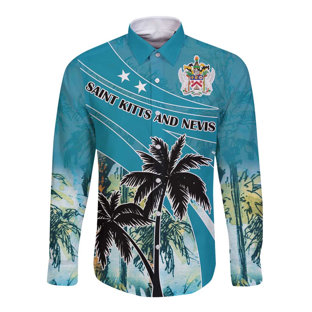 Unisex blue long sleeve button shirt with Saint Kitts and Nevis graphic