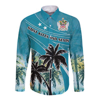 Unisex blue long sleeve button shirt with Saint Kitts and Nevis graphic