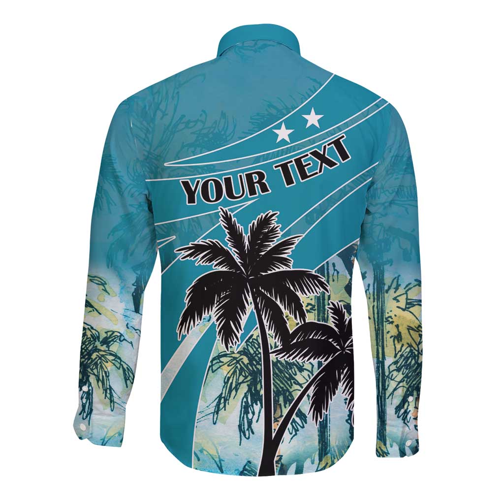 Unisex blue long sleeve button shirt back with palm tree and custom text