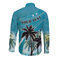 Unisex blue long sleeve button shirt back with palm tree and custom text