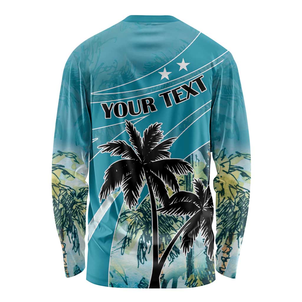 Teal long-sleeve shirt with 'YOUR TEXT', stars, and coconut palm print (back)