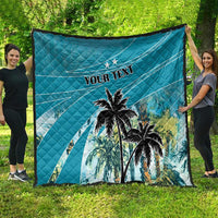 Blue personalized quilt with palm trees, wave lines, and "YOUR TEXT" headline