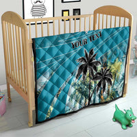 Blue crib quilt with palm trees and "YOUR TEXT" at center, diamond stitch pattern