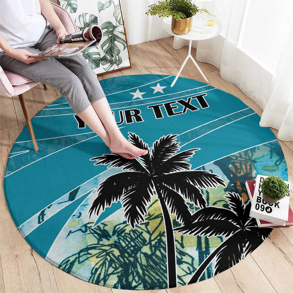 Round blue personalized rug with black palm trees and custom text, full circular layout