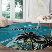 Round blue rug featuring black coconut palm trees and custom text, bold tropical graphics