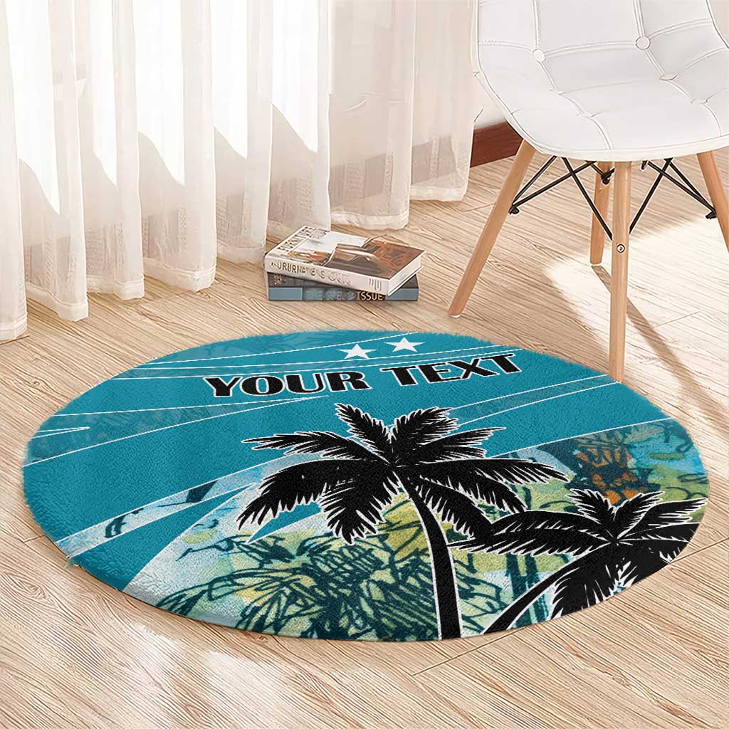 Round blue personalized carpet with black palm trees and custom text, vibrant tropical design