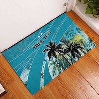 Blue personalized coconut palm doormat with 'YOUR TEXT' and teal surf rays