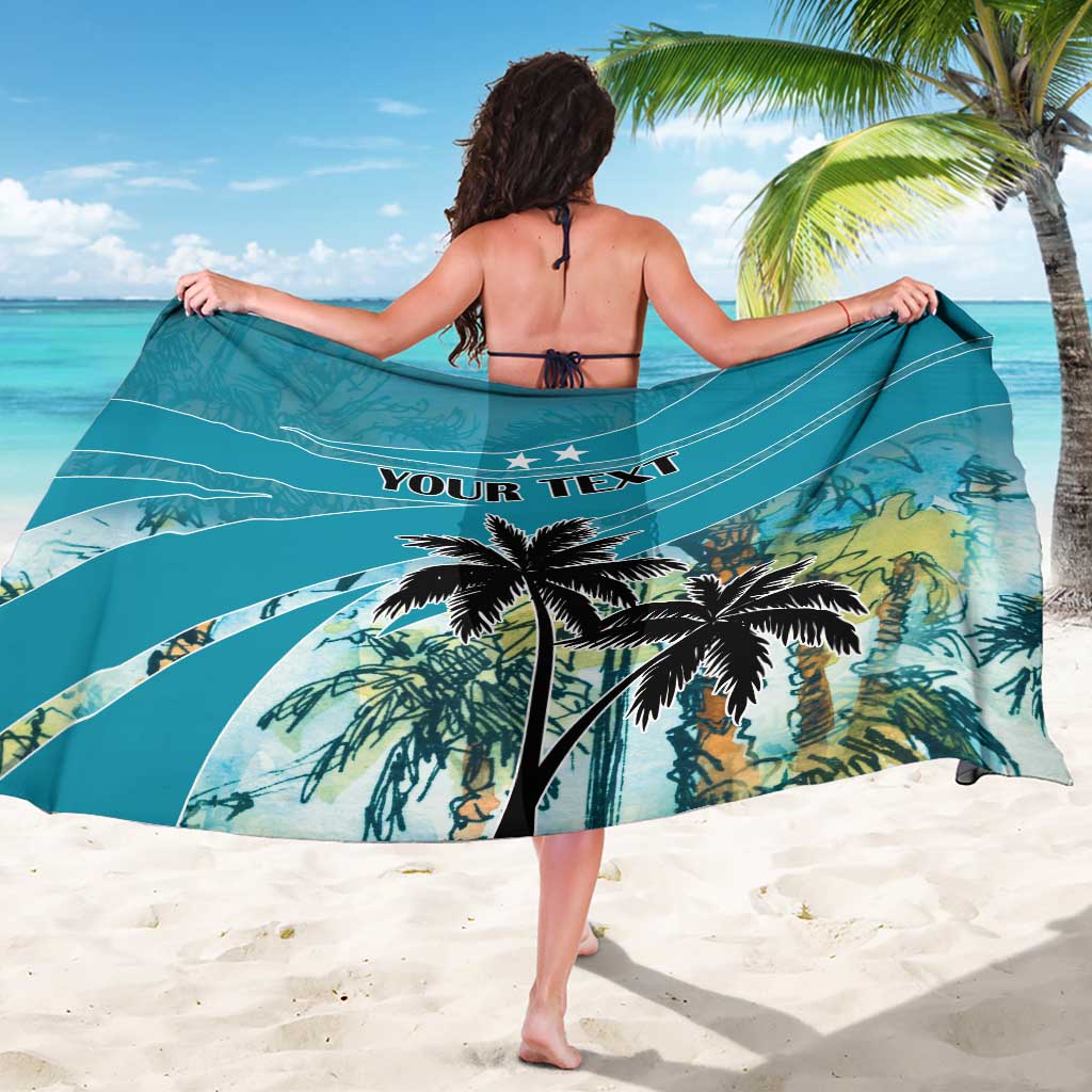 Teal coconut palm sarong with curved design and “YOUR TEXT” banner
