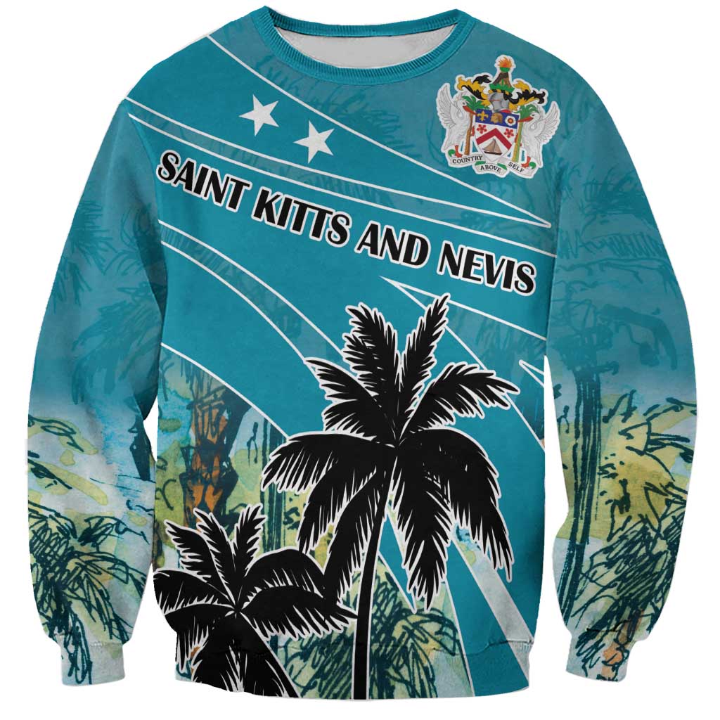 Unisex blue crewneck sweatshirt with Saint Kitts and Nevis graphic and palm trees
