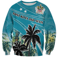 Unisex blue crewneck sweatshirt with Saint Kitts and Nevis graphic and palm trees