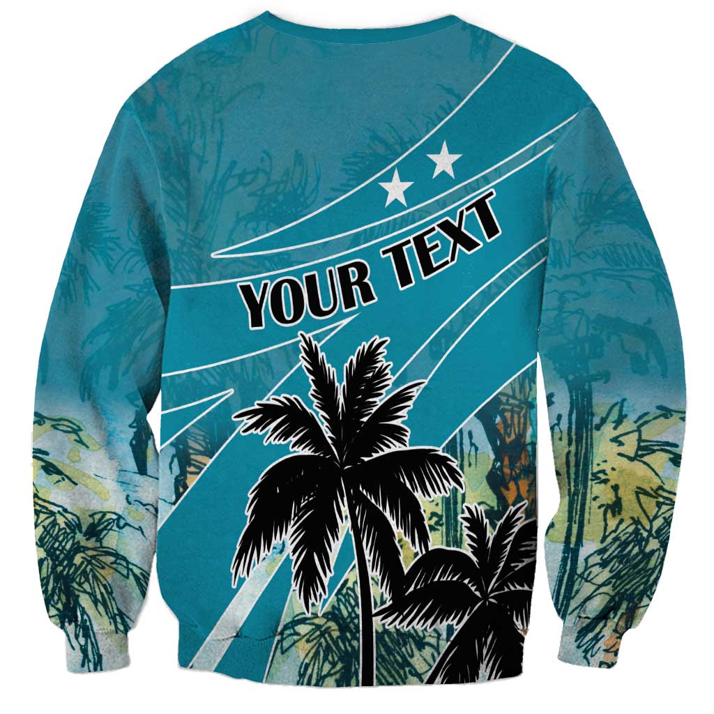 Unisex blue crewneck sweatshirt with back graphic, palm trees and YOUR TEXT