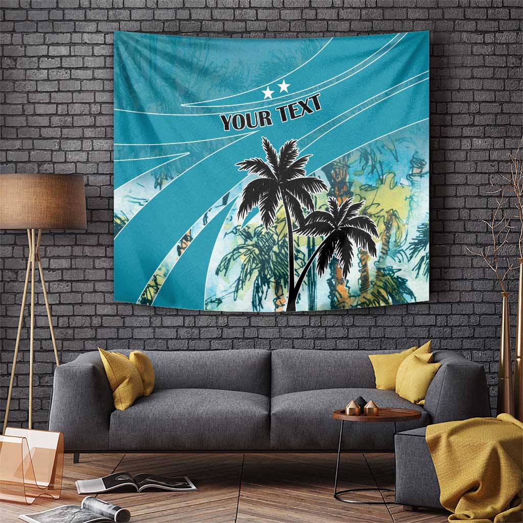 Blue tropical palm tree tapestry with 'YOUR TEXT' lettering and jungle illustration panels