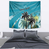 Blue tropical palm tree wall tapestry with 'YOUR TEXT' and star accents at top