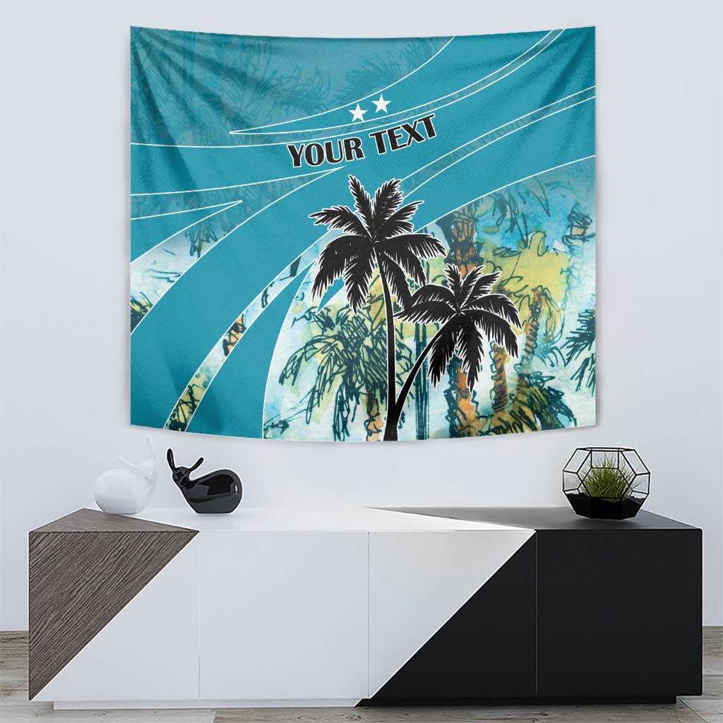 Blue tropical palm tree tapestry with 'YOUR TEXT' text and bright jungle scenery design