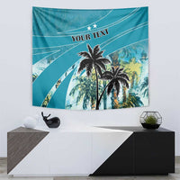 Blue tropical palm tree tapestry with 'YOUR TEXT' text and bright jungle scenery design