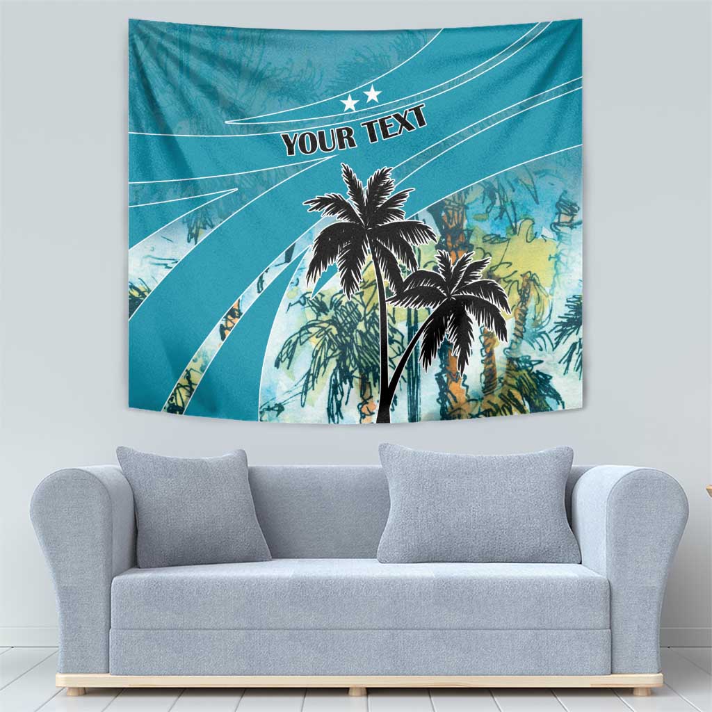 Blue tropical palm tree tapestry with 'YOUR TEXT' headline, rectangular wall hanging