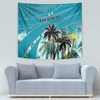 Blue tropical palm tree tapestry with 'YOUR TEXT' headline, rectangular wall hanging