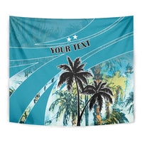 Blue tropical palm tree tapestry featuring 'YOUR TEXT' and two stars, flat wall display