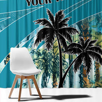 Close-up blue curtain fabric with coconut palm graphic and white 'YOUR TEXT'
