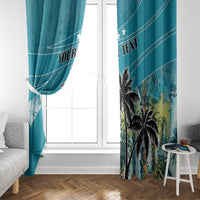 Blue window curtain set with coconut palm print framing a glass door