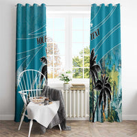Blue window curtain panels with coconut palm print, 'YOUR TEXT' and tropical leaf details