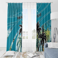 Blue window curtain pair with coconut palm design and arched line accents, ring top