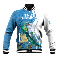 Blue and white baseball jacket with quetzal bird graphic, snap buttons, ribbed collar