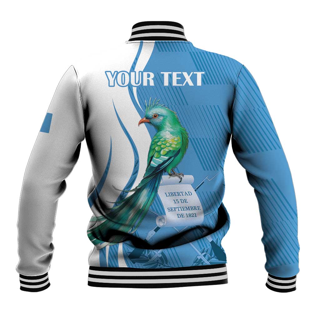 Blue and white baseball jacket back with YOUR TEXT, quetzal bird, striped ribbed cuffs