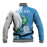 Blue and white baseball jacket back with YOUR TEXT, quetzal bird, striped ribbed cuffs