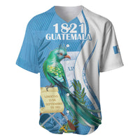 Personalized blue-and-white baseball jersey with quetzal bird and '1821 Guatemala' front