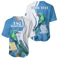Personalized baseball jersey in blue and white with quetzal bird and '1821 Guatemala'