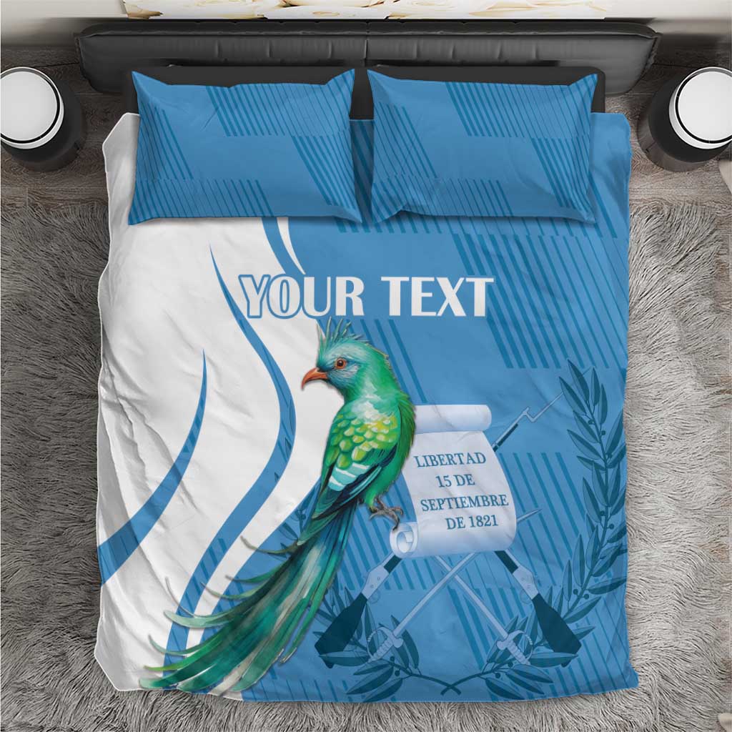 Blue duvet cover with two pillowcases, quetzal bird and 'YOUR TEXT' design