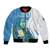 Unisex blue and white bomber jacket with quetzal bird graphic and Guatemala 1821 text