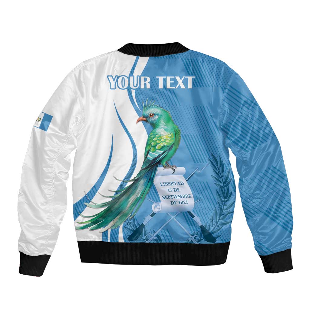 Unisex blue and white bomber jacket with quetzal bird, “YOUR TEXT” on front
