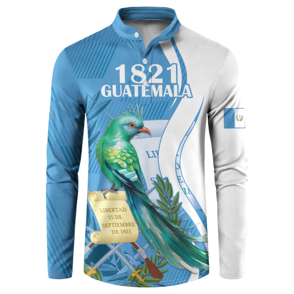 Men's long-sleeve button sweatshirt, blue and white with green quetzal bird graphic