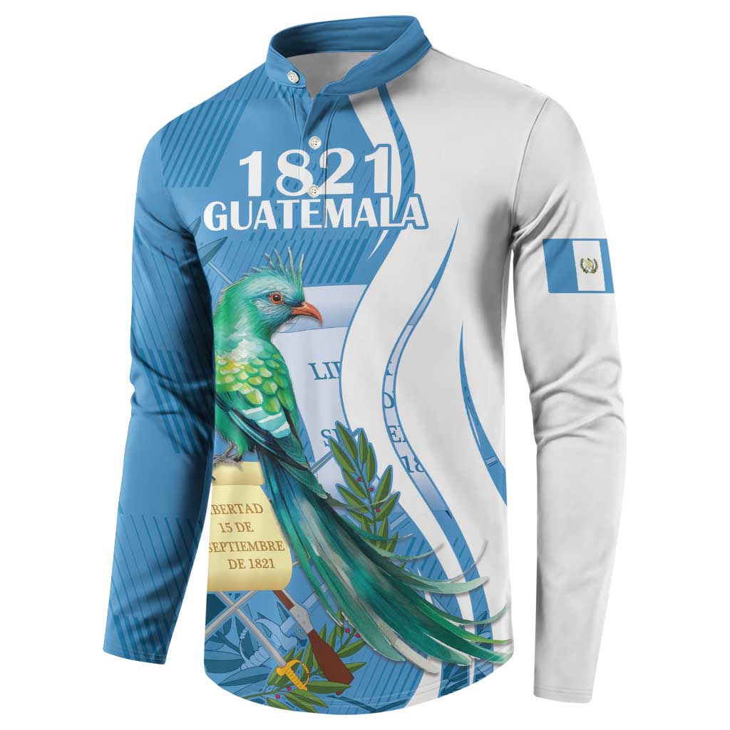 Men's long-sleeve button sweatshirt, blue/white with quetzal bird and emblem on chest